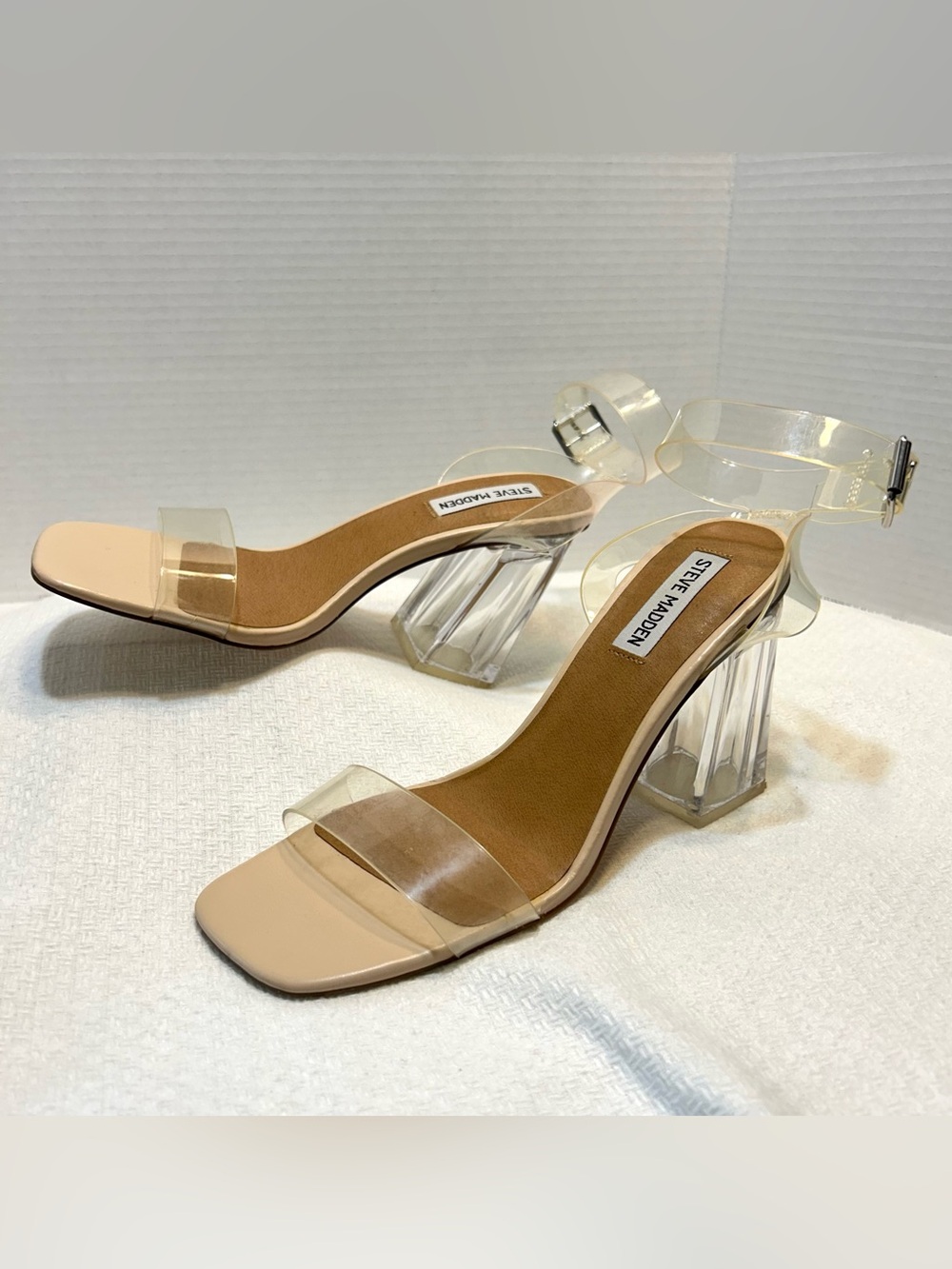 Steve Madden Clear Strap Block Heel Sandals in Nude/Clear
